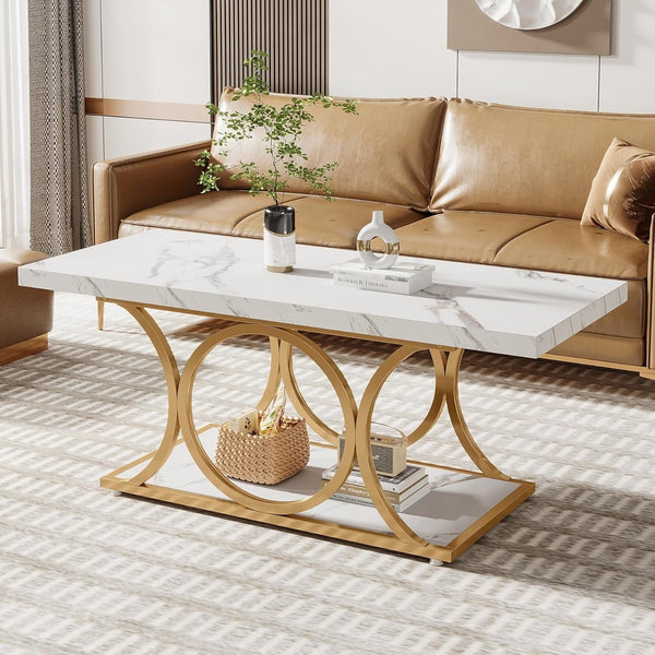 47 Inches Modern Coffee Tables for Living Room, 2-Tier Faux Marble Wood Coffee Table with Storage, Large Center Table with Gold Metal Legs