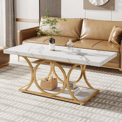 47 Inches Modern Coffee Tables for Living Room, 2-Tier Faux Marble Wood Coffee Table with Storage, Large Center Table with Gold Metal Legs