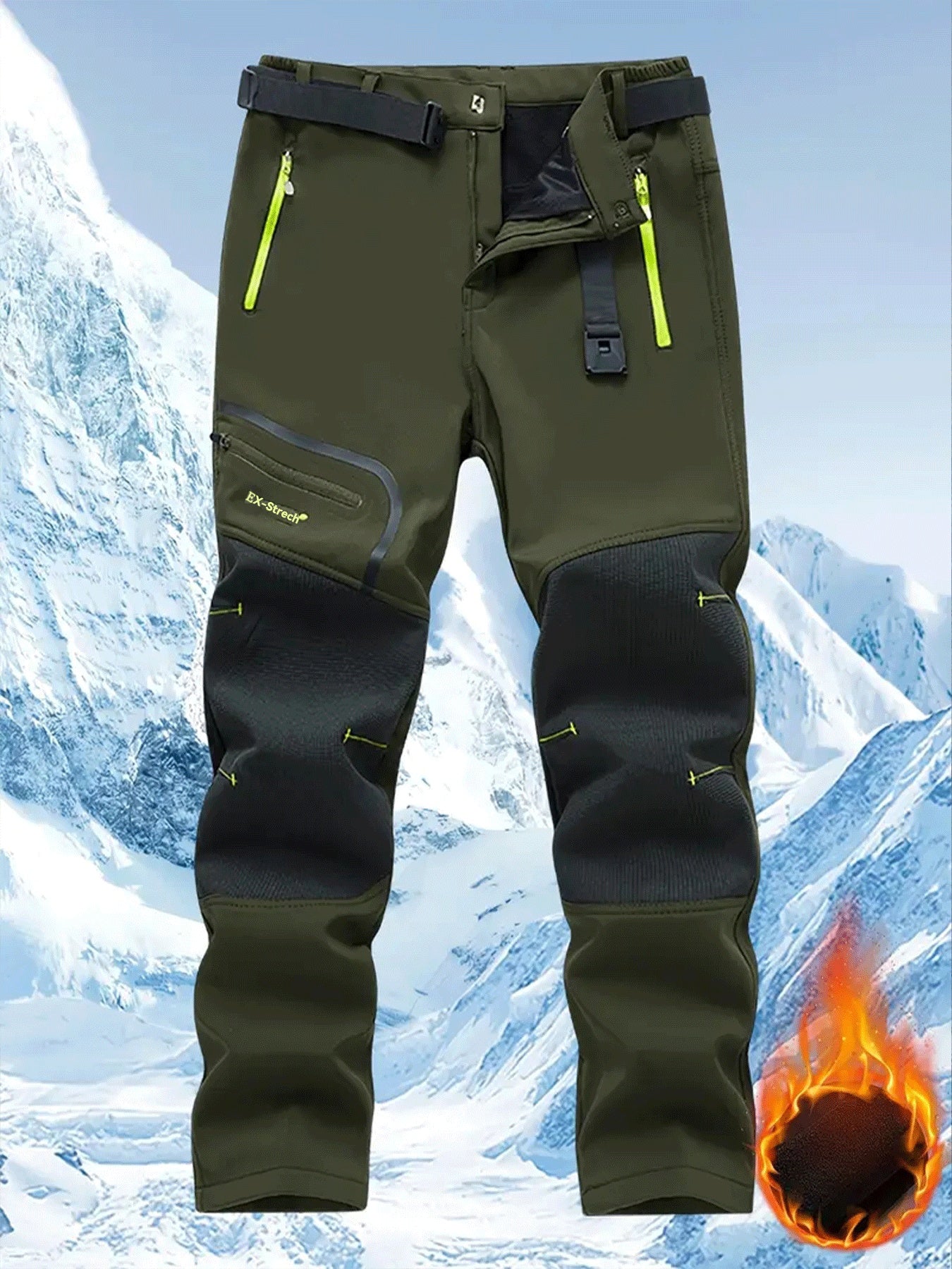 Men's Warm Cargo Pants with Zippered Pockets - Olive Green, Black, and Yellow Accents, Ideal for Winter Outdoor Activities and Casual Wear with Belt