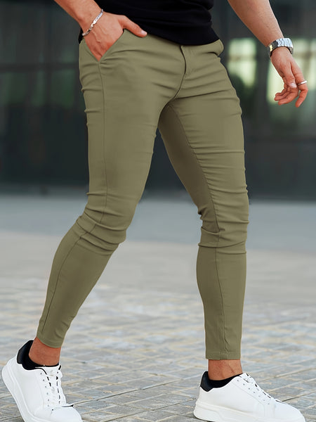 Heyfanee Men's Slim-Fit Elastic Waist Trousers - Khaki Low-Rise Casual Pants with Button Closure & Pockets, All-Season Machine Washable for Daily Wear, Durable Fabric