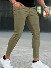 Heyfanee Men's Slim-Fit Elastic Waist Trousers - Khaki Low-Rise Casual Pants with Button Closure & Pockets, All-Season Machine Washable for Daily Wear, Durable Fabric