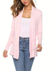 Women Simple Style Cardigan, Solid Color Long Sleeve Knitwear with Pockets, S/ M/ L/ XL/ XXL