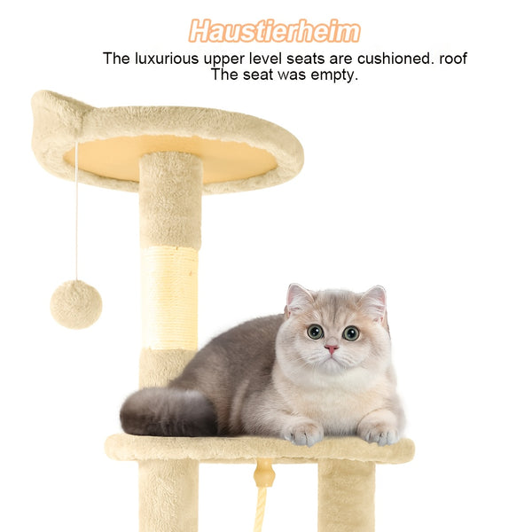 A Luxurious Beige Cat Tree, Super Large And Four Stories High, Featuring a Scratching Post, a Hanging Ball, And a Snug Little House. an Ideal Present for Indoor Cats, This Cat Tower Includes a Litter Area And a Scratching Board