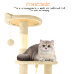 A Luxurious Beige Cat Tree, Super Large And Four Stories High, Featuring a Scratching Post, a Hanging Ball, And a Snug Little House. an Ideal Present for Indoor Cats, This Cat Tower Includes a Litter Area And a Scratching Board