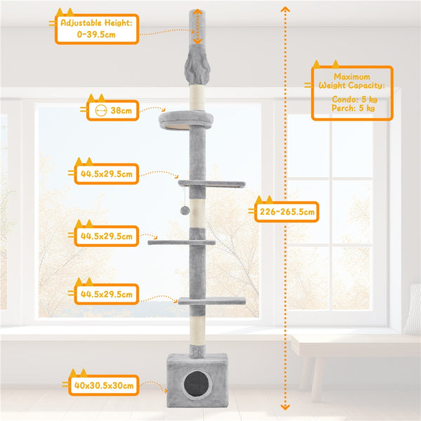 Costoffs Cat Tree, Floor-to-Ceiling Cat Tree Tower, 226-266cm Adjustable Large Height Cat Tree, Tall Cat Tree with 4 Perches and Scratching Posts For Small Medium-Sized Cats