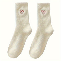5 Pairs of Cozy Heart-Embroidered Socks - Soft, Fluffy, Mid-Calf Length, Perfect for Women, Autumn & Winter, Autumn Winter Socks | Heart Embroidery Socks | Texture Socks