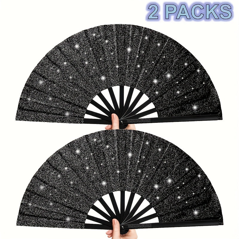 2pcs Large Matte Black Folding Fans - Elegant Chinese Kung Fu & Tai Chi Design with Sparkling Stars, Durable Nylon Fabric for Martial Arts, Dance Performances, Home Decor, Gifts - Retro Style, Performance Essentials | Retro Style Fans, Without Battery