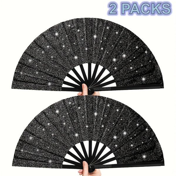 2pcs Large Matte Black Folding Fans - Elegant Chinese Kung Fu & Tai Chi Design with Sparkling Stars, Durable Nylon Fabric for Martial Arts, Dance Performances, Home Decor, Gifts - Retro Style, Performance Essentials | Retro Style Fans, Without Battery