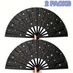 2pcs Large Matte Black Folding Fans - Elegant Chinese Kung Fu & Tai Chi Design with Sparkling Stars, Durable Nylon Fabric for Martial Arts, Dance Performances, Home Decor, Gifts - Retro Style, Performance Essentials | Retro Style Fans, Without Battery
