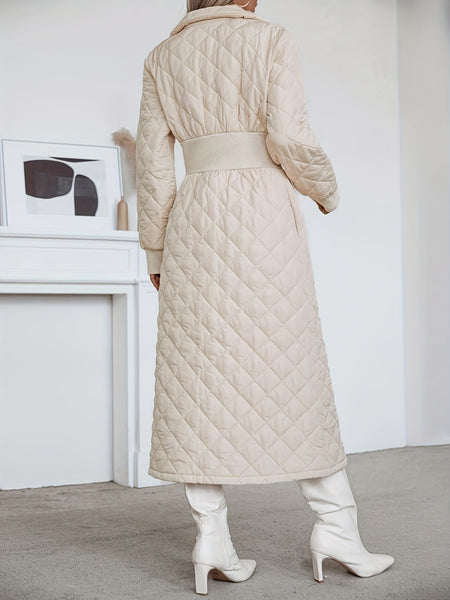Women'S Casual Quilted Long Coat, Solid Color Long Sleeves with Pockets, Elegant Hooded Winter Warm Jacket