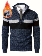 Men'S Thickened Knitted Pullover Sweater with a Color Block Design And Stand Collar, Made from Plus Velvet