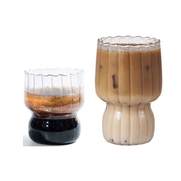 Set of 4 RippleWave Ribbed Glass Drinking Cups - Borosilicate Glassware for Hot & Cold Beverages - Dishwasher Safe - for Coffee, Juice, Cocktails & Desserts