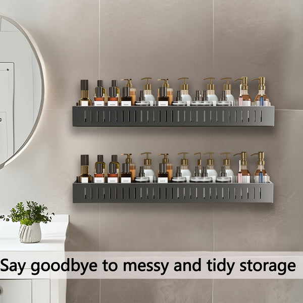 2pcs Large Capacity No-Drill/Screw Shower Shelf - Heavy-Duty SUS304 Stainless Wall-Mounted Bathroom Shelf with Hanging Rail System, Install Bath Storage Rack Suitable for Bathroom, Kitchen, Pantry (Black/Gray)