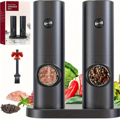 Electric Salt and Pepper Grinder Set, 2pcs with Base and Cleaning Brush, Adjustable Grind Coarseness, LED Lighting, Suitable for Kitchen/BBQ/Restaurant, Kitchen Table Seasoning Tool or Gift, Black