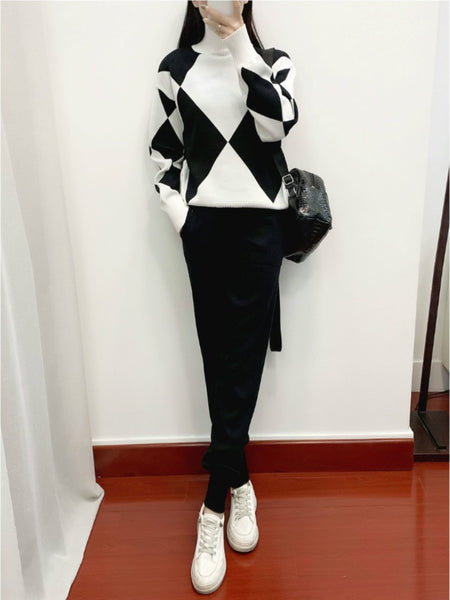 Women'S New Arrival Autumn/ Winter 2024 Casual Check Pattern Sweater Set - Style Trendy Two-Piece Outfit, Long Sleeve, Square Neck, Color Block, Drawstring, Pants, Casual Wear|Check Pattern Top|Drawstring Pants, Sweater Set
