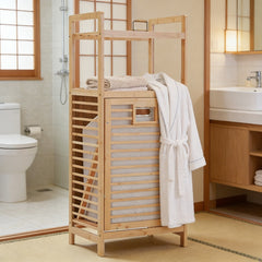 Tilt Out Laundry Hamper, Bamboo Laundry Basket with Foldable Bag and 3 Open Shelves, Freestanding Clothes Storage Organizer for Bedroom, Bathroom, Living Room