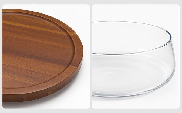 Glass Fruit Bowl with Wooden Lid, Decorative Serving Bowl with Acacia Tray Cover – Large Clear Storage Bowl for Fruit, Snacks, Sweets, Salad or Table Display