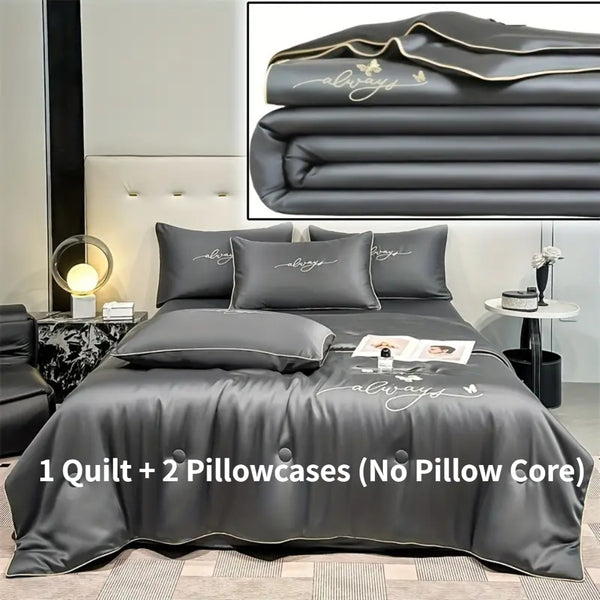 3pcs Ice Sliky Fiber Fabric Bedding Set- 1 Summer Quilt + 2 Pillowcases, Soft and Smooth to the Touch, Refreshing Breathable Moisture-Wicking Fine Weave, Machine Washable, Colorfast, All-Season Use