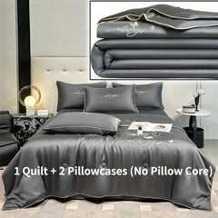 3pcs Ice Sliky Fiber Fabric Bedding Set- 1 Summer Quilt + 2 Pillowcases, Soft and Smooth to the Touch, Refreshing Breathable Moisture-Wicking Fine Weave, Machine Washable, Colorfast, All-Season Use