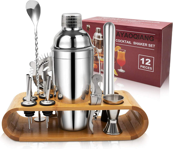 Cocktail Shaker Set,750 ML Stainless Steel Cocktail Mixing Set with Stand,Bartending Kit for Home,Bar,12 Pieces Bar Tool Kit for Christmas,Birthday,Anniversary,Weeding