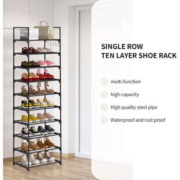 Shoe Rack 10 Tiers Shoe Storage Organiser, Sturdy Space-saving Shelf Tall Shoe Racks, Up to 20-25 Pairs Narrow Shoes Rack Stand for Dress Bedroom, Bathroom, Hallway, Outdoor, 30D x 40W x 175H cm,Black