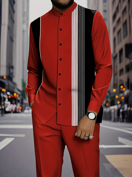 European And American Fashion Men'S Spring And Autumn New Striped Art Pattern Print Design Stand-Up Collar Long Sleeve Shirt Set, Casual Street Outdoor Suit