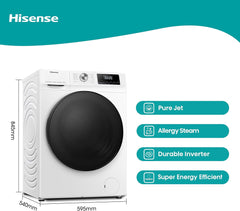Hisense WDQA8014EVJM 60Cm Freestanding 8 KG Front Load Washer Dryer - 1400 RPM - Pure Steam - Purejet - Pause and Add - Inverter Motor - White