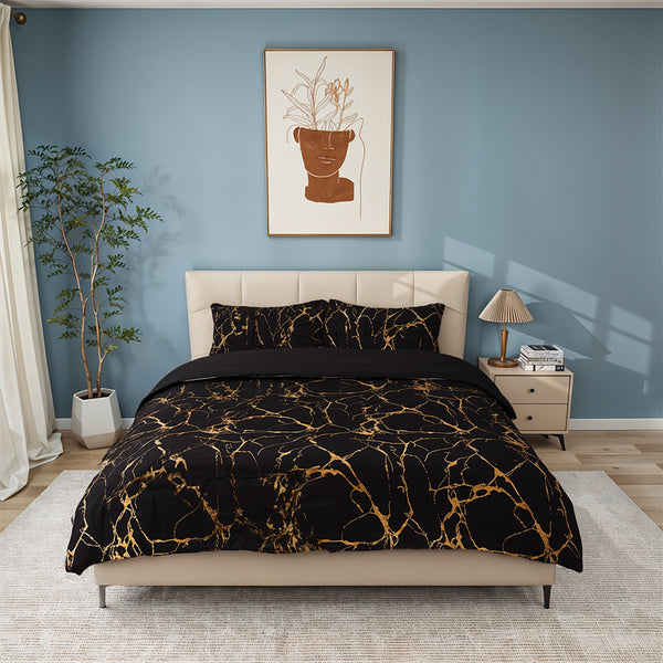 Gold Marble Print Quilt Cover and Pillowcase Bedding Set, Light Luxury High-end Creative Design Bedding Three-piece Set, 2 Pillowcases and 1 Quilt Cover, Soft and Comfortable Bed Three-piece Set for All Seasons, Black