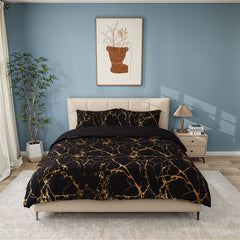 Gold Marble Print Quilt Cover and Pillowcase Bedding Set, Light Luxury High-end Creative Design Bedding Three-piece Set, 2 Pillowcases and 1 Quilt Cover, Soft and Comfortable Bed Three-piece Set for All Seasons, Black
