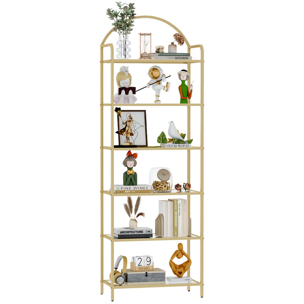 6 Tier Bookcase Bookshelf, Tempered Glass Bookshelves, Slim Shelving Unit for Bedroom, Bathroom, Home Office, Steel Frame, Golden