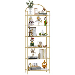 6 Tier Bookcase Bookshelf, Tempered Glass Bookshelves, Slim Shelving Unit for Bedroom, Bathroom, Home Office, Steel Frame, Golden