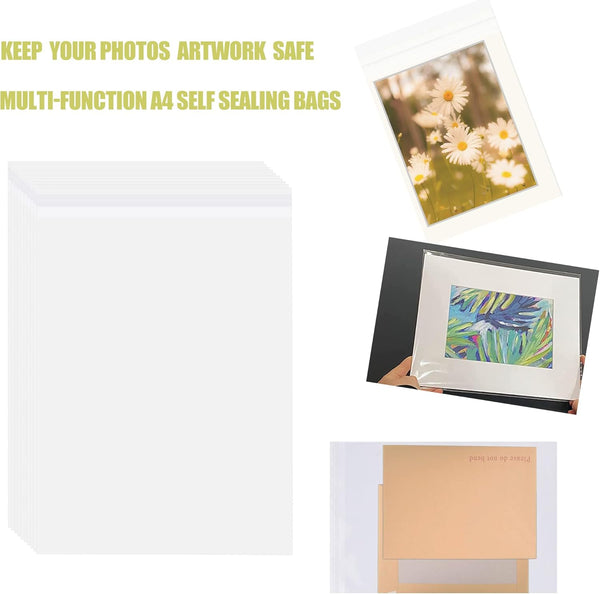 A4 Clear Self-Adhesive Bags 100 Pack, 22X30Cm Self Sealing Cellophane Display Bags/Sealable Bags, Food Safe, A4 Cello Bags OPP for Cookies,Cards,Envelopes,Pictures