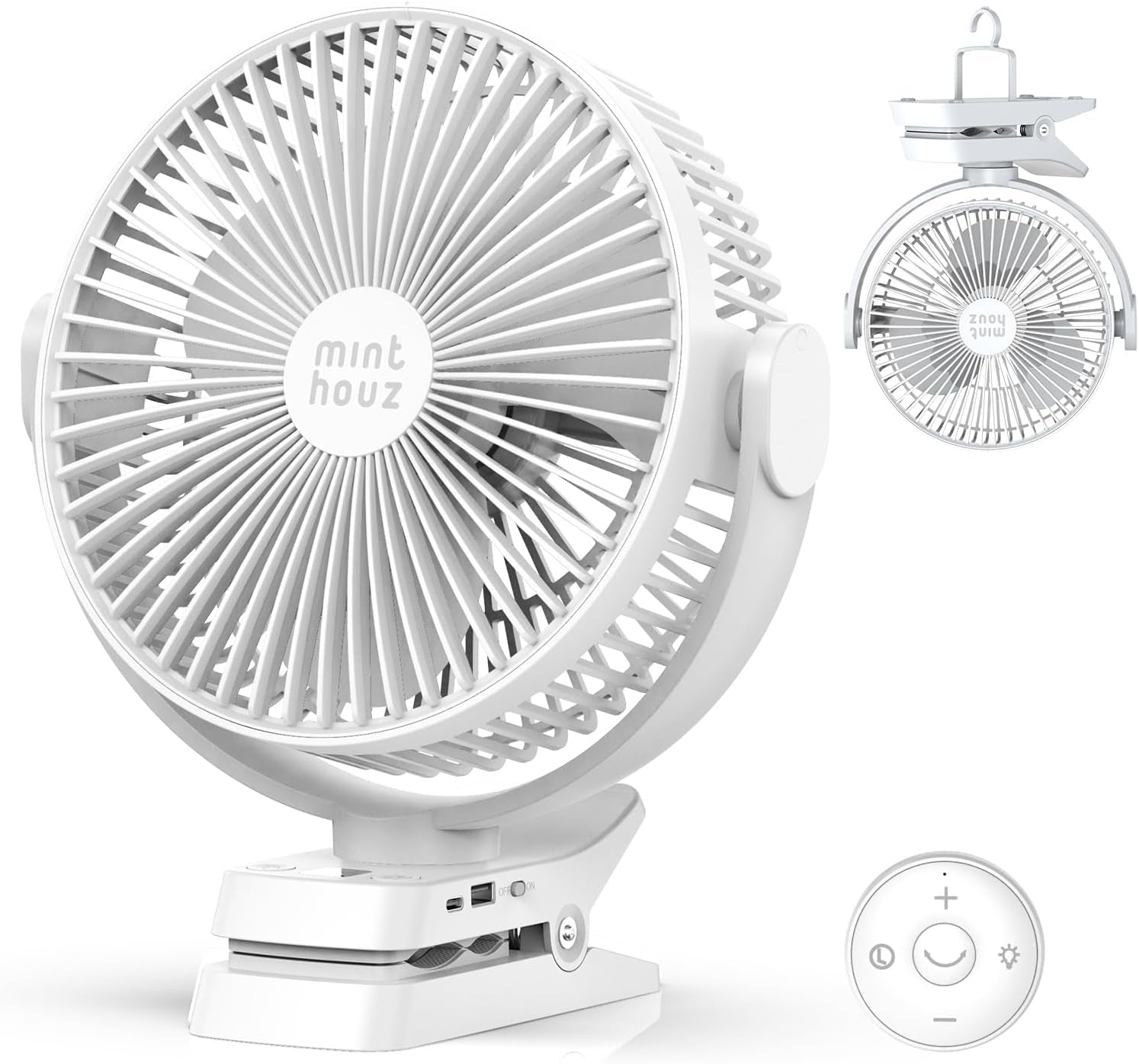 Minthouz 12000Mah Clip on Fan, 5 Speeds USB Desk Fan with Rechargeable Battery, 8 Inch, Max 29 Hrs, Remote Control & LED Display, Light, Timer, Personal Fan for Home Office Stroller Camping White