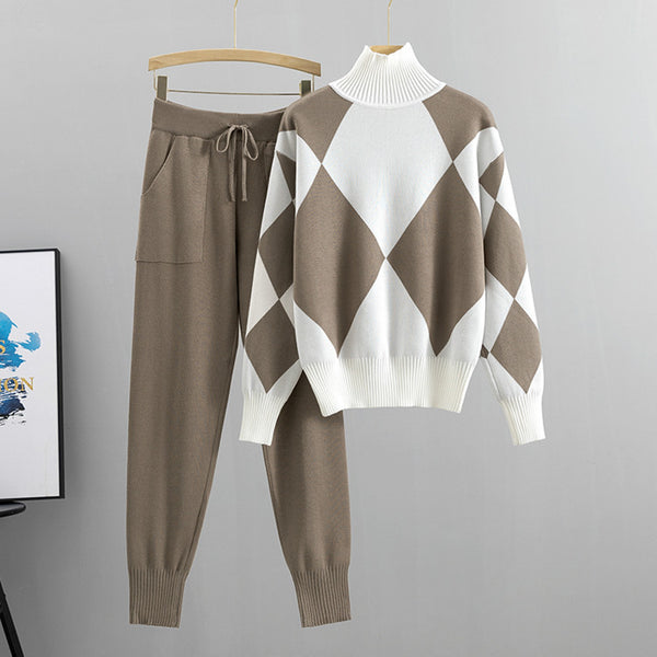 Women'S New Arrival Autumn/ Winter 2024 Casual Check Pattern Sweater Set - Style Trendy Two-Piece Outfit, Long Sleeve, Square Neck, Color Block, Drawstring, Pants, Casual Wear|Check Pattern Top|Drawstring Pants, Sweater Set