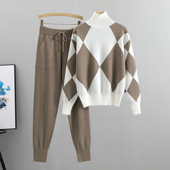 Women'S New Arrival Autumn/ Winter 2024 Casual Check Pattern Sweater Set - Style Trendy Two-Piece Outfit, Long Sleeve, Square Neck, Color Block, Drawstring, Pants, Casual Wear|Check Pattern Top|Drawstring Pants, Sweater Set