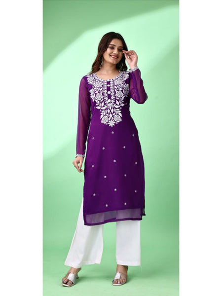 Estationeryhouse Women's Georgette Lucknowi chikankari kurti, Rose Design with Heavy Embroidery, Without Bottom