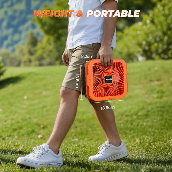 Portable Solar Camping Fan with LED Light, Rechargeable Outdoor Tent Fan, 4 Wind Speeds, Adjustable Brightness, Oscillating Fan with USB Power Bank Function, Type-C Charging