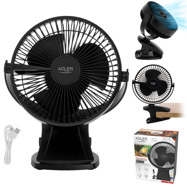 Desk fan with clip, rechargeable, 15.5 cm, 360° rotation, USB-C, Adler