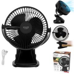 Desk fan with clip, rechargeable, 15.5 cm, 360° rotation, USB-C, Adler
