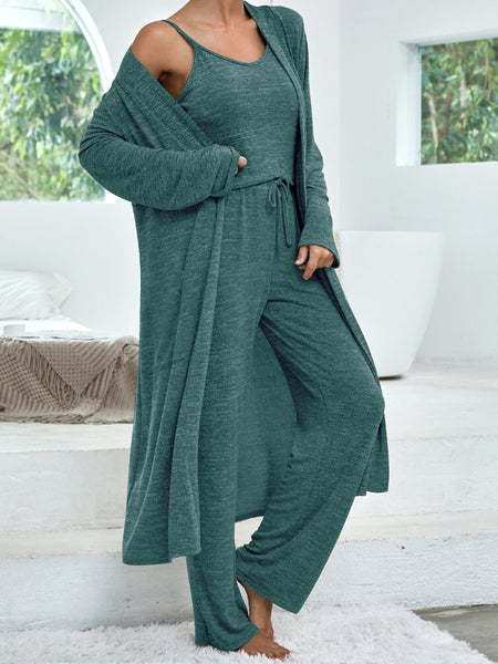 Women's casual home suit solid color mid-length cardigan solid color camisole imitation lace-up trousers three-piece suit for women