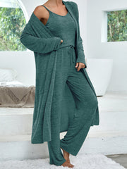 Women's casual home suit solid color mid-length cardigan solid color camisole imitation lace-up trousers three-piece suit for women