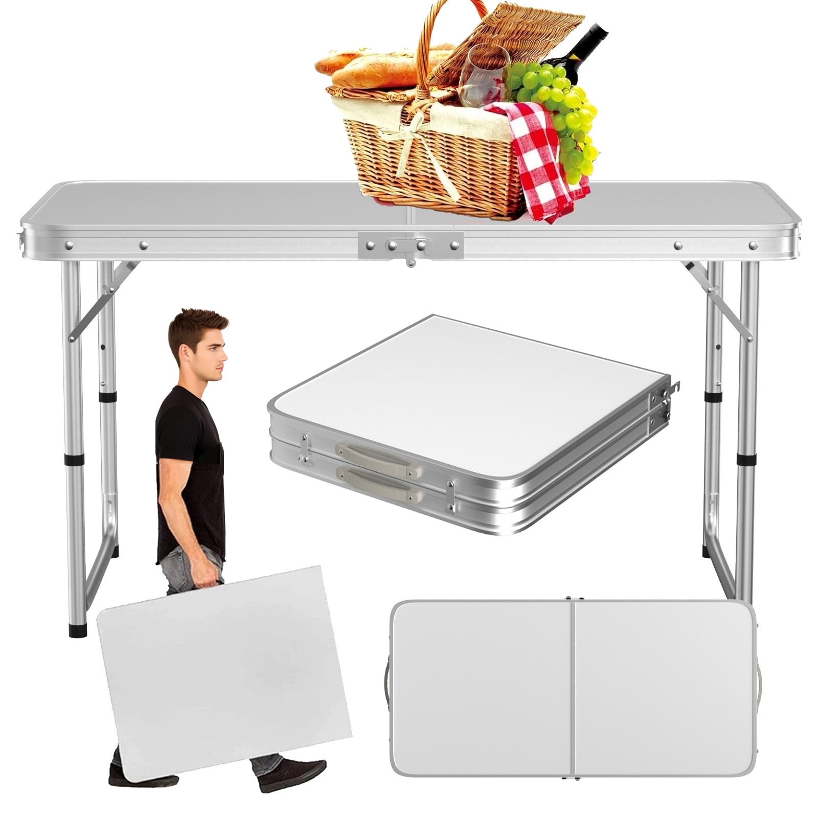 4FT Heavy Duty Folding Table Adjustable Height Pop-Up Trestle Table - 120x60x70/62/55cm, Waterproof Camping Table with Carry Handle for Indoor Outdoor Kitchen Campervan Picnic Work Top Table