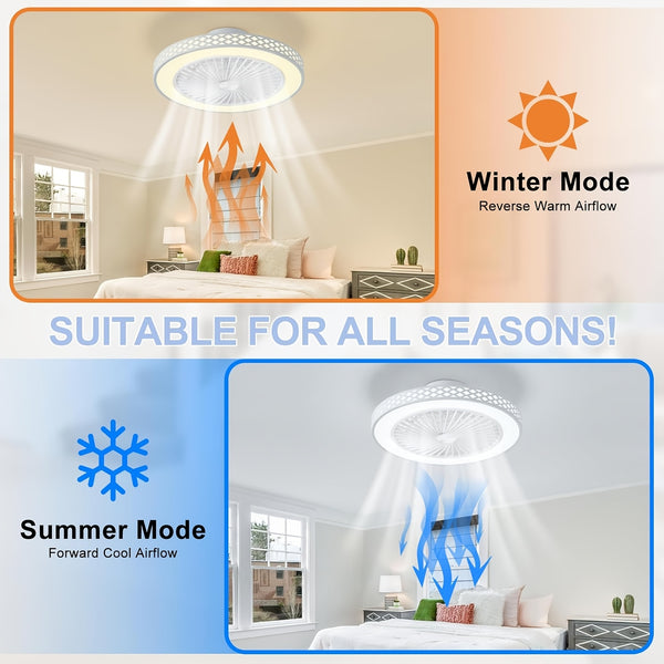 Ceiling Fan with Lights, 6 Speeds Reversible Bladeless Ceiling Fans 3-Color Temperature Stepless Dimming Low Profile Flush Mount Ceiling Fan Quiet Timing for Kitchen, Living Room, Bedroom
