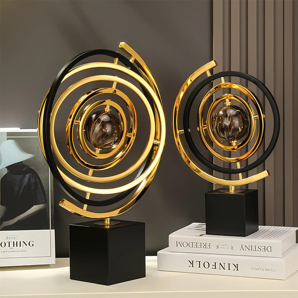 Large Modern Abstract Metal Wall/Tabletop Sculpture - Black & Golden Iron Art Decor with Sturdy Rectangular Stand, Classic Contemporary Design for Home Office Desk, Living Room, Bedroom - No Electricity Needed, Durable Statement Piece for Minimalist & Mod