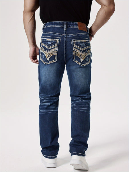 Men'S Elastic Washed Denim Jeans with Thick Line Embroidery on The Front And Back Pockets