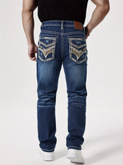 Men'S Elastic Washed Denim Jeans with Thick Line Embroidery on The Front And Back Pockets