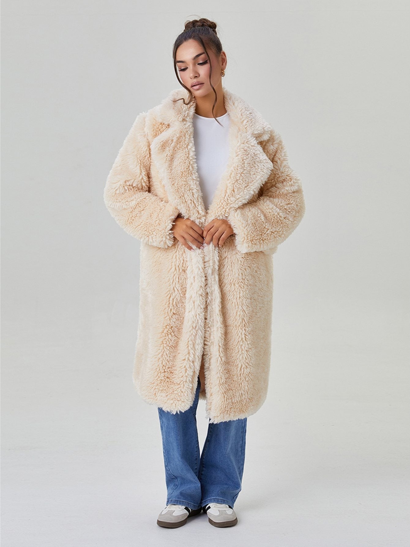 Women's Notch Lapel Plush Double-Breasted Casual Jacket, Leisure Winter Fuzzy Jacket