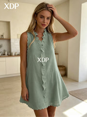 Women's Scalloped Edge Ruffle V-Neck Mini Dress, Casual Sleeveless Swing Dress for Daily
