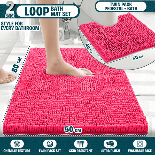 2-Piece Loop Bathroom Mat Set | Soft Chenille Microfiber Rugs with Non-Slip Backing | Machine Washable | Includes 50x80cm Bath Mat & 50x40cm Pedestal Mat | Stylish, Comfy & Durable | UK STOCK | LOCAL WAREHOUSE