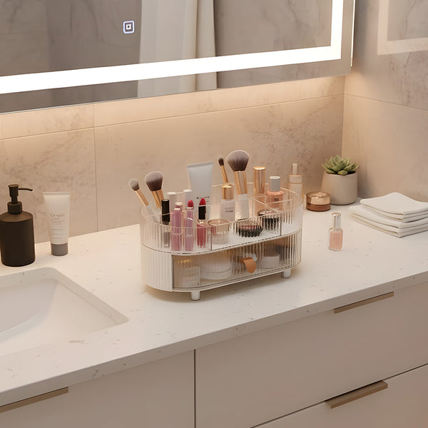 Skincare Cosmetic Drawer Organizer with Tray and Clear Compartment, Multi-Function Makeup Storage for Bathroom Vanity Countertop Featuring Lipstick Jewelry and Nail Care